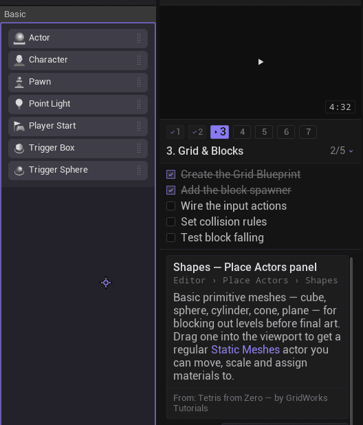 Selector activo: el panel Place Actors resaltado en violeta y su explicación en Mindocai